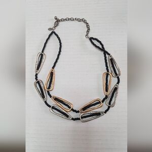 Vintage Chico’s Statement Necklace Mixed Metal Gold Silver Black Bead Geometric